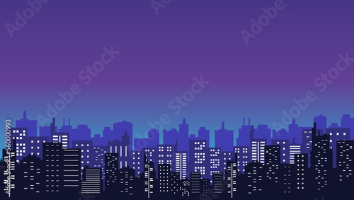 Panoramic landscape silhouette of the city at night with many tall buildings around