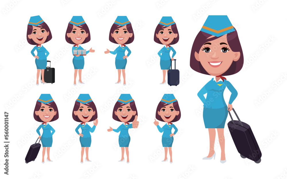 Stewardess with different poses. vector
