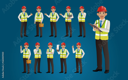 Set of engineer with different poses