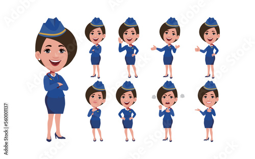 Stewardess with different poses. vector