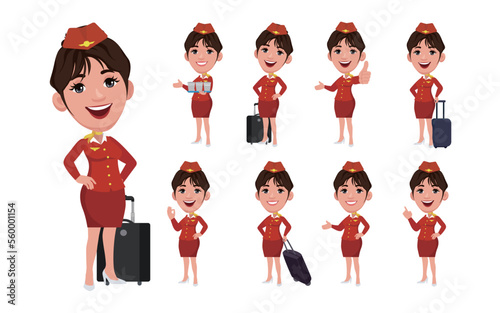 Stewardess with different poses. vector