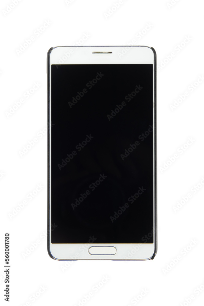 Smartphone with black screen isolated on white background. White smartphone top view. Smartphone with black screen isolated on white background. White smartphone top view.