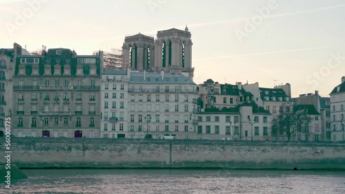 Skyline with Parisian architecture and Gothic design of the Notre Dame cathedral part, Paris, France. photo