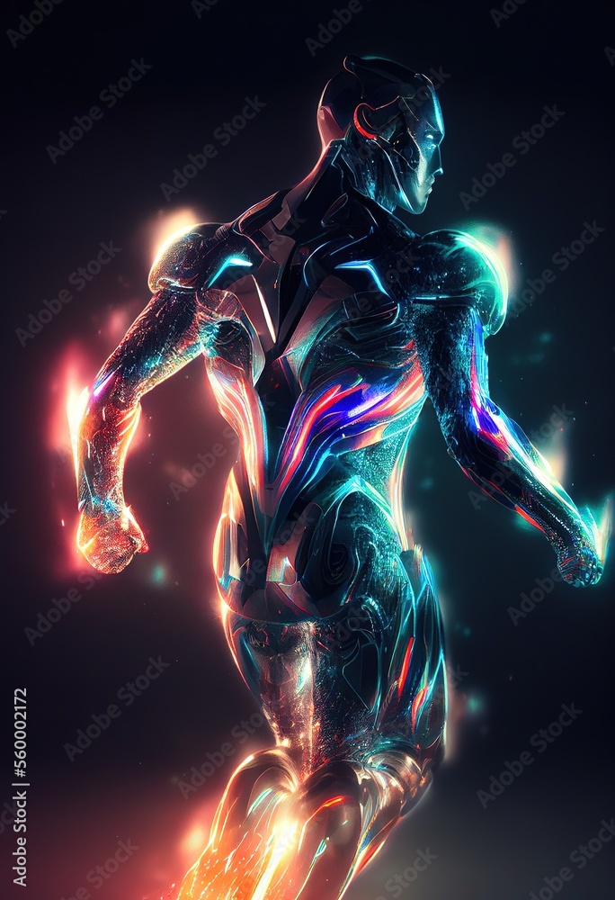 Abstract holographic super hero, rear view. Blurred motion. Generative art