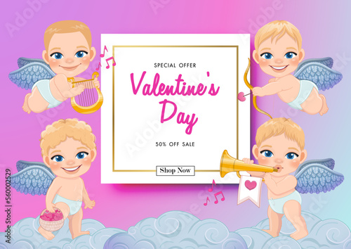 Valentine day sale on pastel background with cute cupids different activity vector