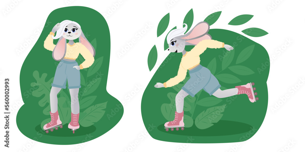 Happy cute cartoon rabbit is roller skating. Happy cute cartoon rabbit is roller skating.