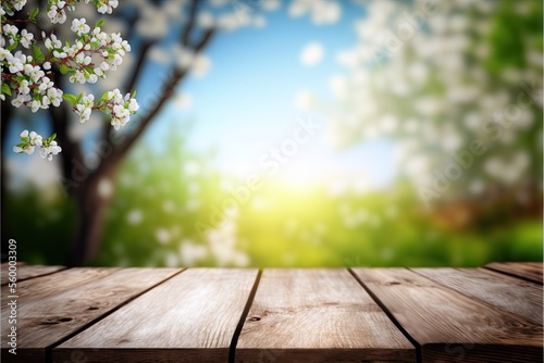 Spring beautiful background with green juicy young foliage and empty wooden table in nature outdoor. Generative AI