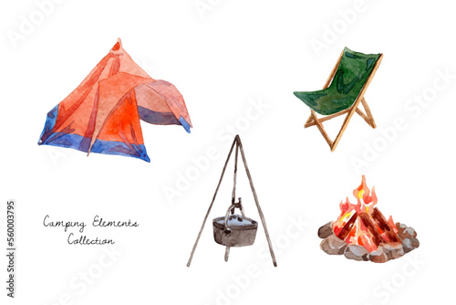 Watercolor camping elements collection