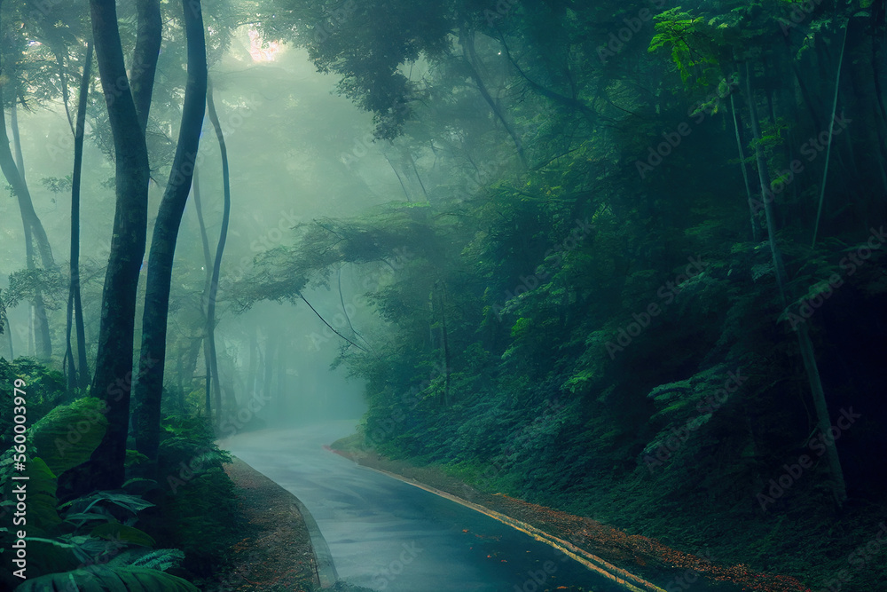 A spooky forest road with heavy mist and fog, Generative AI