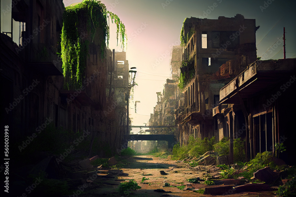 Old city ruins with overgrown plants over the buildings, Generative AI