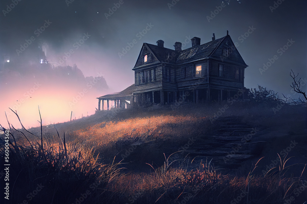 A solitary dilapidatedor spooky house in a meadow, Generative AI
