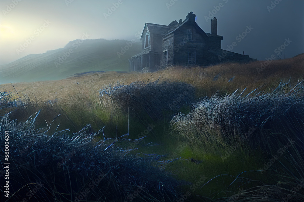 Fototapeta premium A solitary dilapidatedor spooky house in a meadow, Generative AI