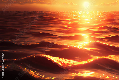 Serene ocean waves at sunset, Generative AI