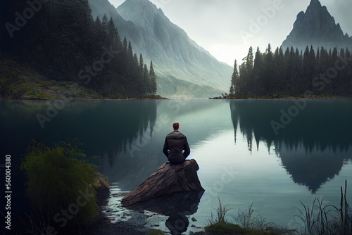 A man sitting and watching a calm serene lake in a beautiful setting, Generative AI