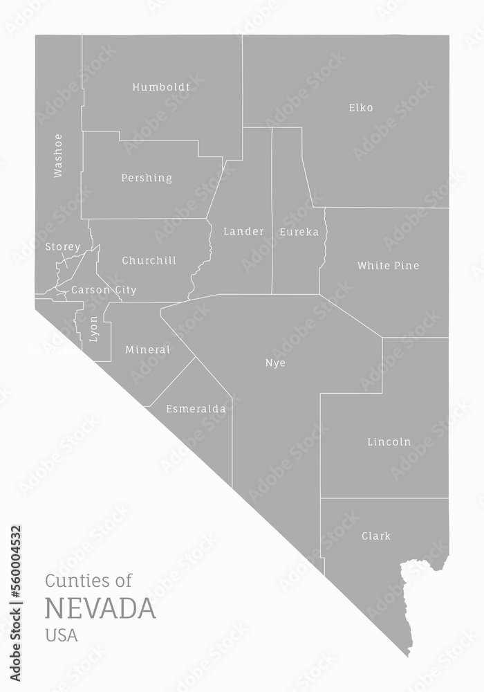 Highly detailed gray map of Nevada, US state. Editable administrative