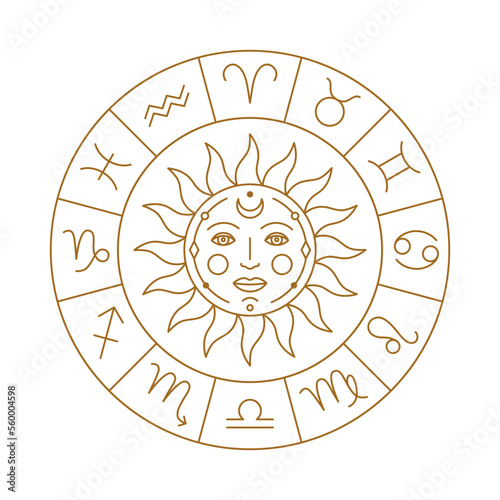 Horoscope calendar with sun and golden stylized zodiac symbols. Astrology horoscope circle. Witchcraft astrological wheel thin line vector illustration on white background