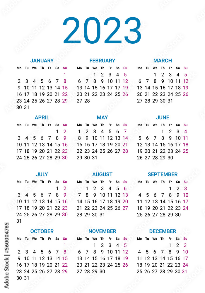 Calendar 2023 year, design template week starts on Sunday. Simple style year pocket or wall calendar template, corporate design planner template vector illustration Calendar 2023 year, design template week starts on Sunday. Simple style year pocket or wall calendar template, corporate design planner template vector illustration
