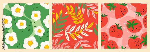 Floral seamless patterns with Strawberry. Vector abstract design for paper, cover, fabric, interior decor and other