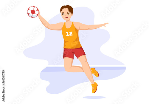 Handball Illustration of a Player Touching the Ball with His Hand and Scoring a Goal in a Sports Competition Flat Cartoon Hand Drawing Template