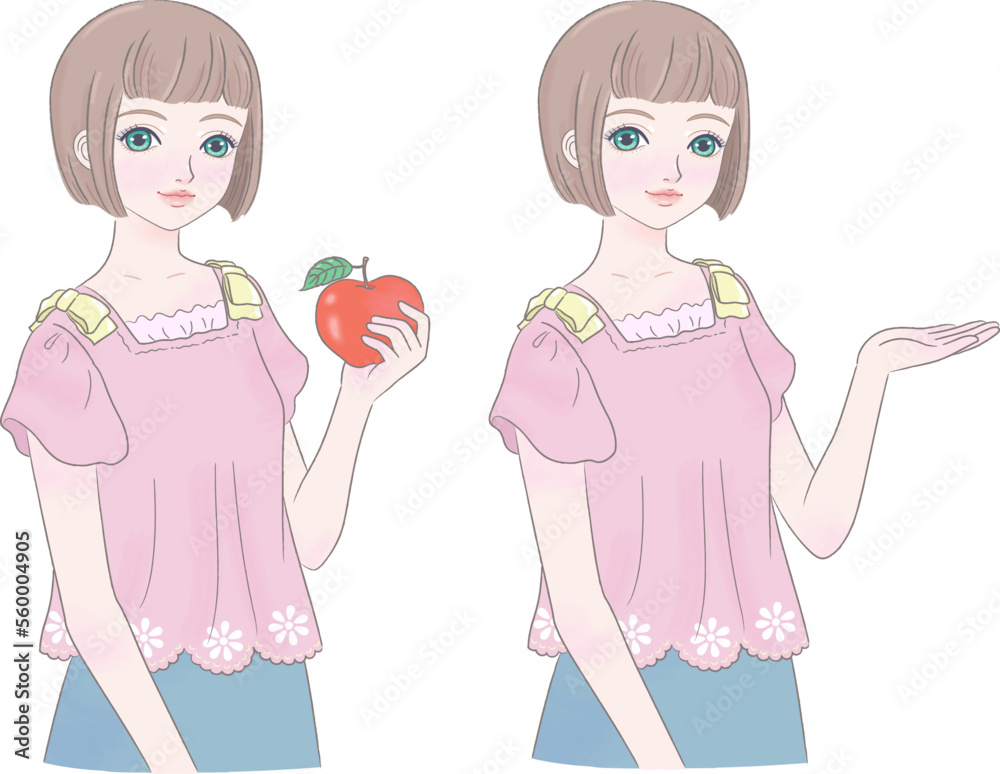 Two actions of the girl, holding an apple and reaching out Two actions of the girl, holding an apple and reaching out