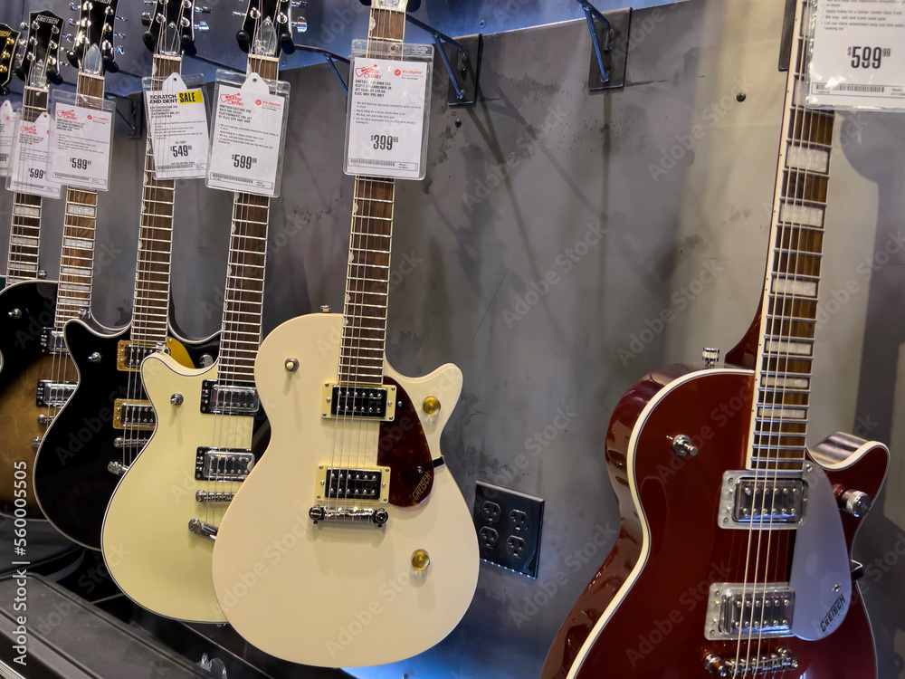 Redmond WA USA circa December 2022 Close up view of guitars