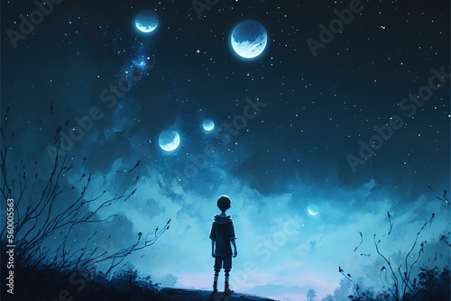 The boy stands among the hanging glowing balls in the form of the moon, fairy tale dream illustration