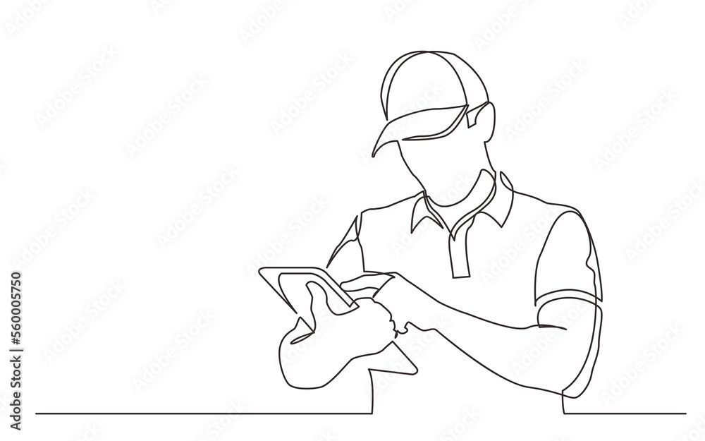 continuous line drawing standing delivery guy filling order on tablet - PNG image with transparent background
