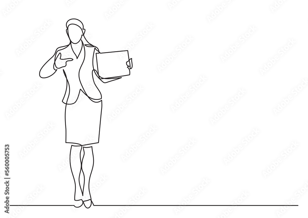 continuous line drawing standing female office worker pointing at blank sign - PNG image with transparent background