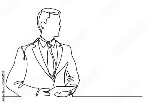 continuous line drawing standing businessman with tablet - PNG image with transparent background