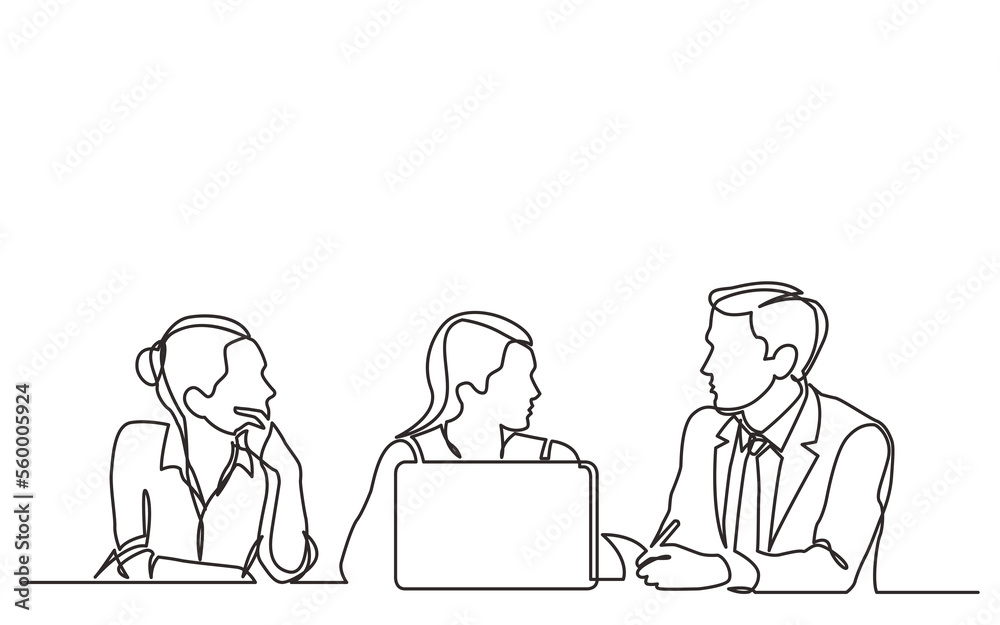 continuous line drawing three employees talking - PNG image with transparent background