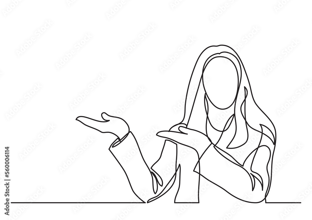 continuous line drawing woman showing something - PNG image with transparent background - obrazy, fototapety, plakaty 