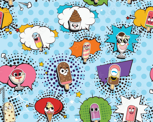 Vector flat seamless texture pattern Hand drawn flat trendy cartoon elements collection Ice cream