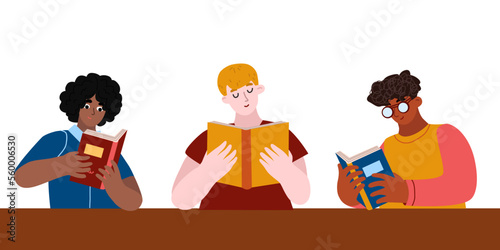 Diverse of three guys are reading books. Young multi-culture people: african, hispanic, indiian, caucasian sit in literature club. Vector illustration in cartoon style