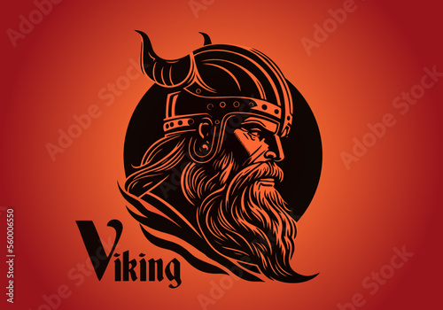 Viking's face in a helmet with horns. Scandinavian warrior logo design. Vector illustration