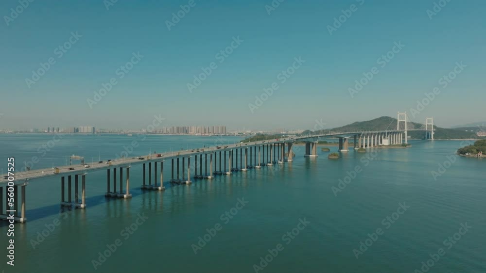 Car traffic on Humen bridge over Pearl river in Zhujiangkou, Guangdong Province, China, aerial view Car traffic on Humen bridge over Pearl river in Zhujiangkou, Guangdong Province, China, aerial view