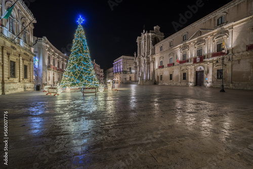 Syracuse Sicily. Cathedral square in the Christmas night.
