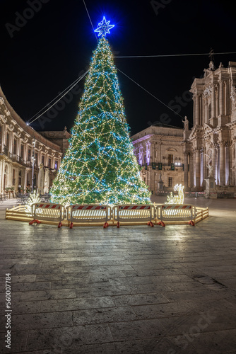 Syracuse Sicily. The Christmas tree glitters in the beautiful cathedral square