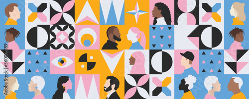 creative modern background of diversity inclusion communication in multicultural community group. illustration of abstract people from different cultures and age photo
