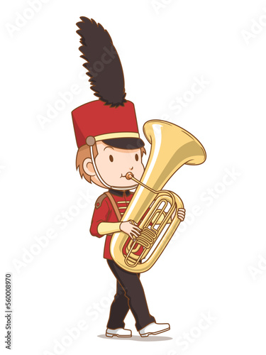 Cartoon character of marching band tuba player.