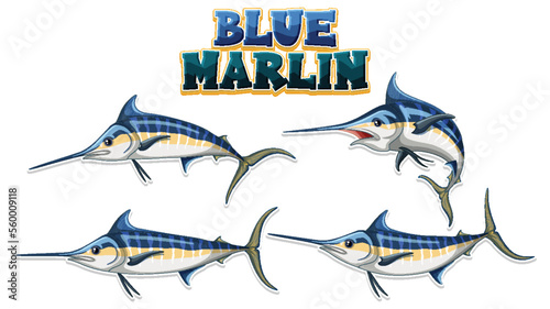 Blue marlin fish cartoon character in different poses