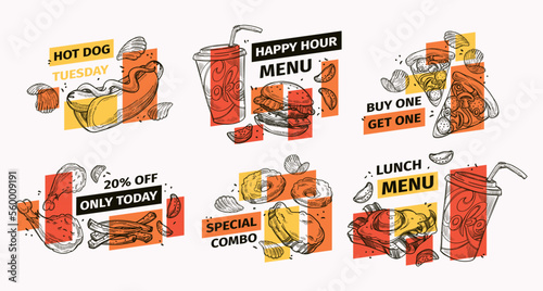 Restaurant offer tag set with hand drawn food