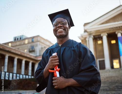Photography Achievement, diploma and portrait of a black man at graduation with college success, celebration and happy