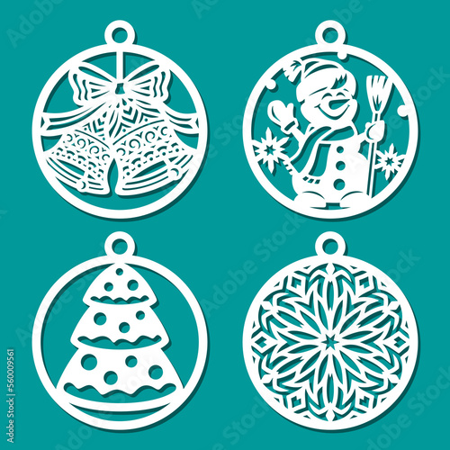 Set of Christmas balls. Round hanging decorations with a snowman, bells, snowflake. Template for plotter laser cutting of paper, wood carving, metal engraving, cnc. Vector illustration.