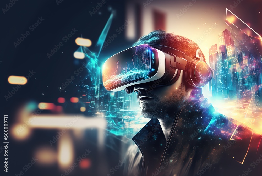 illustration of a handsome man wearing VR headset with cyber theme ...