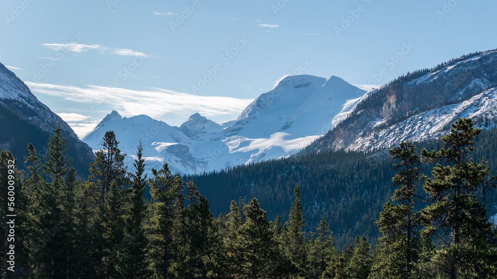Snow-capped mountains along Icefields parkway, Alberta, Canada.