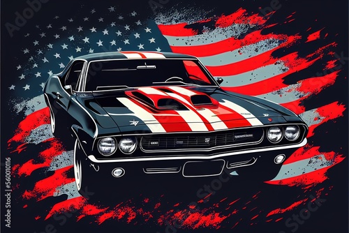 Sketch American Muscle Car with american flag. Poster style. Ai Generative © ZoomTeam