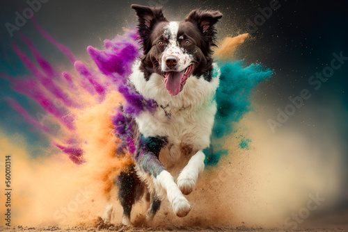 Border collie running through colorful powder. Generative Ai. 