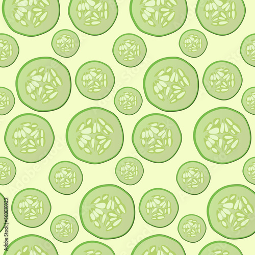 A pattern of cucumber slices with a seamless pattern. Suitable for textiles, fabric, kitchen wallpaper, wrapping paper, notepad, postcards.