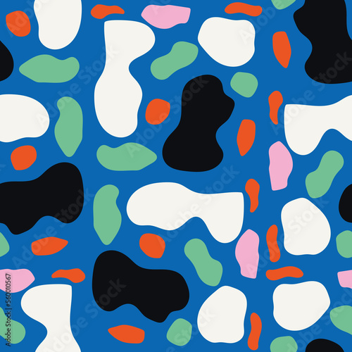 colorful abstract shapes in seamless pattern, gift wrapping paper, infinite point, clothes, shirts, dresses, paper, gift, white background, Vector background.
