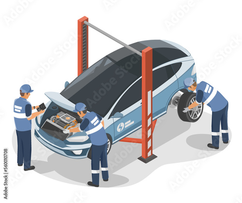EV Electric Car Service center Inspection Inspector Auto Engineer and Motor Technician  Maintenance and Repair Cost isometric vector isolated illustration